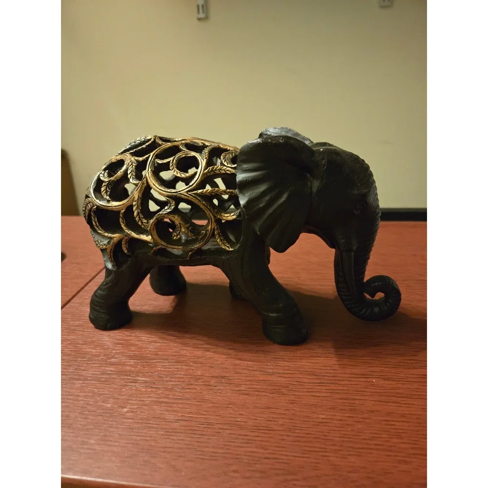 Black and Gold Filigree Elephant Figurine Ornate‎ Decorative Statue Home Decor